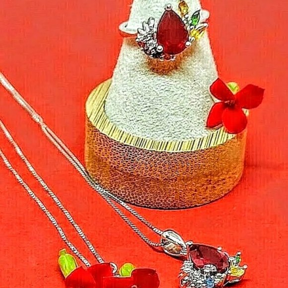Real Ruby, Sapphire 925 Sterling Silver Set: Necklace & Ring Sz 7 - Picture 1 of 4